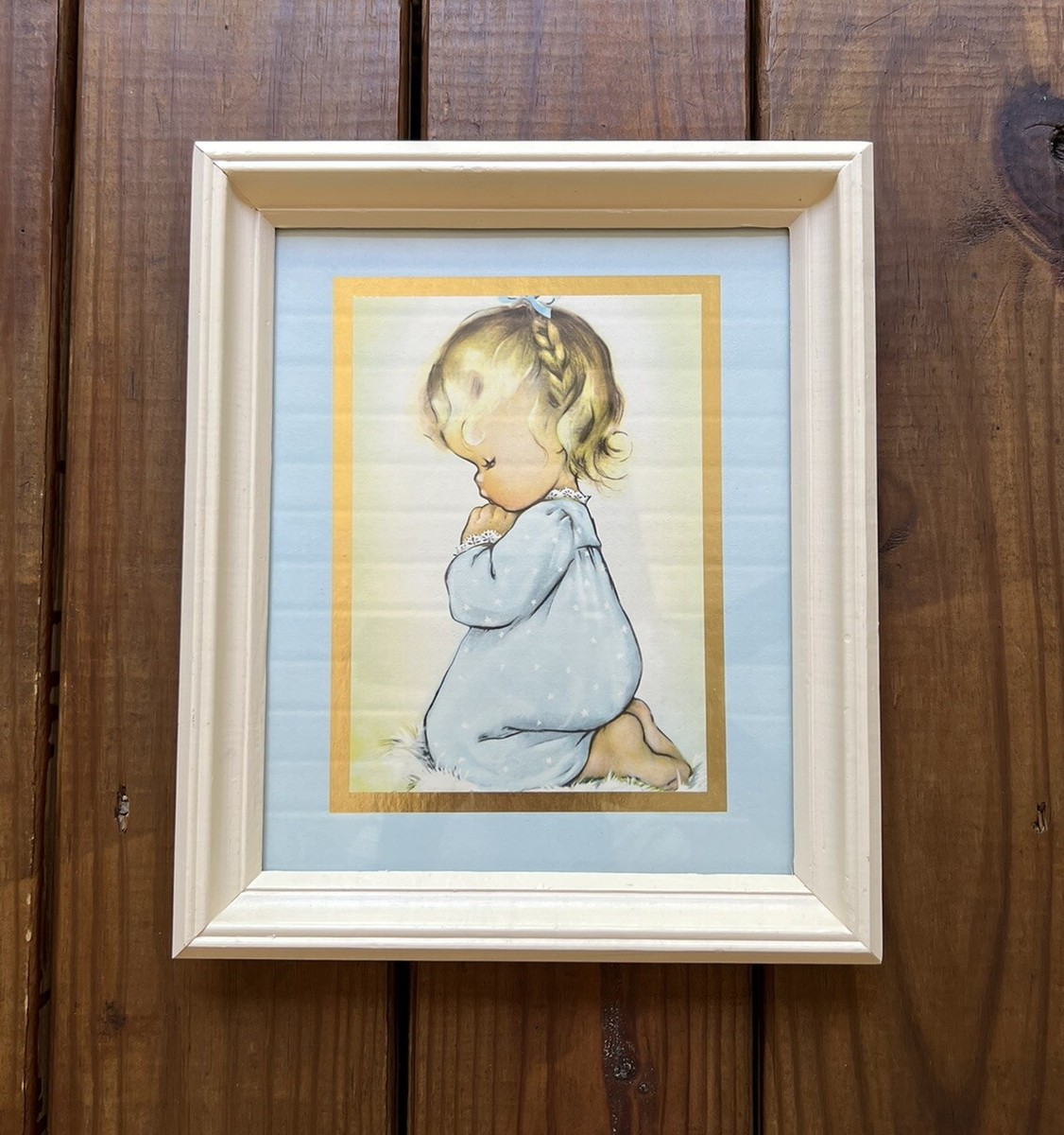 Vintage 80's little praying girl pastel baby blue and gold framed