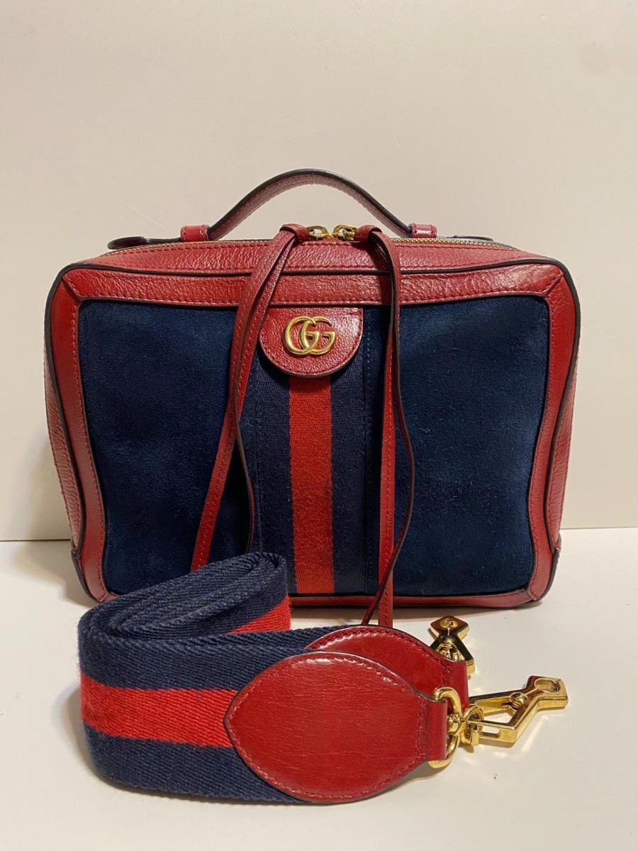Authentic GUCCI Blue Suede Red Trim Ophidia Zip Around Camera Bag