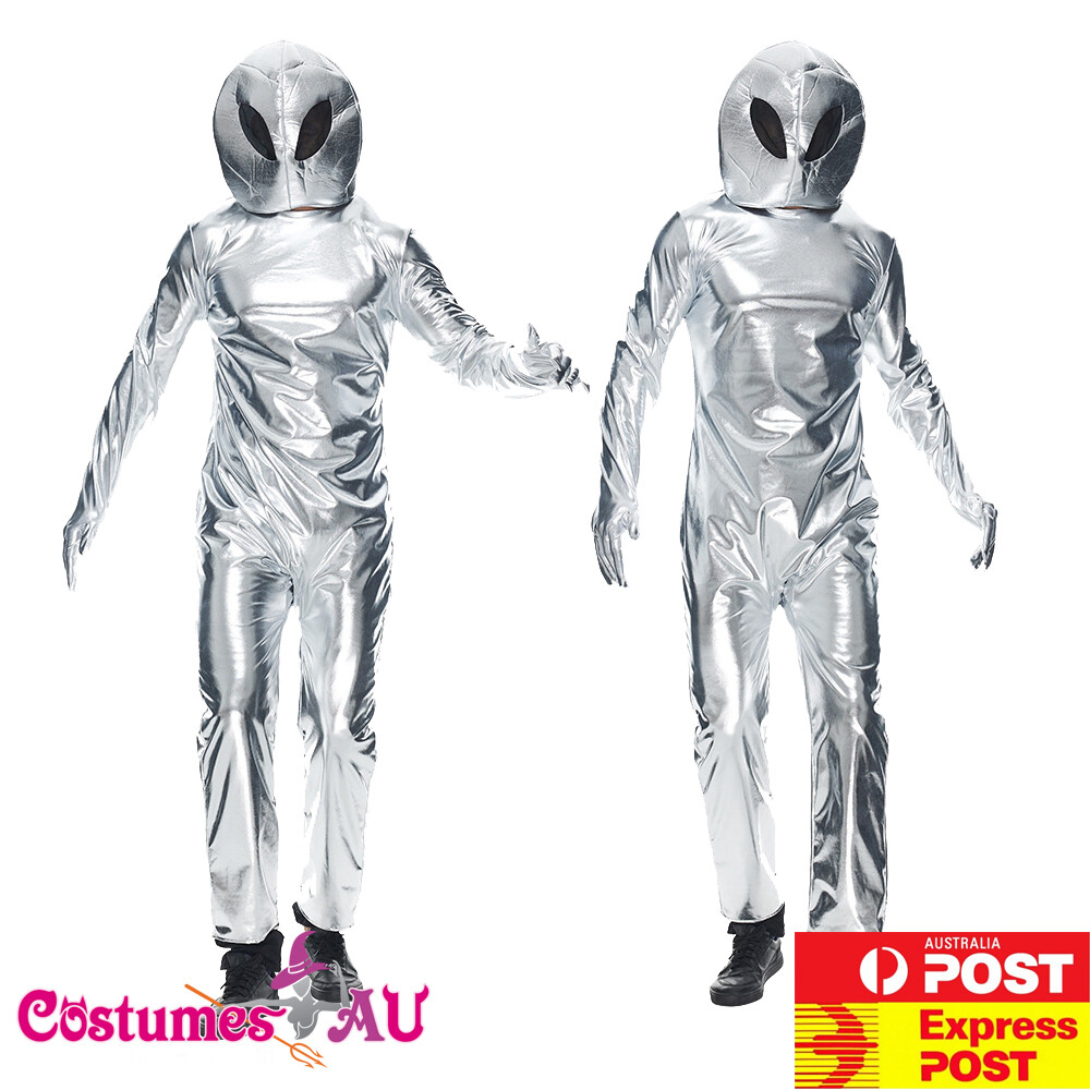 Mens Silver Alien Costume Space Man Adult Halloween Cosplay Party
