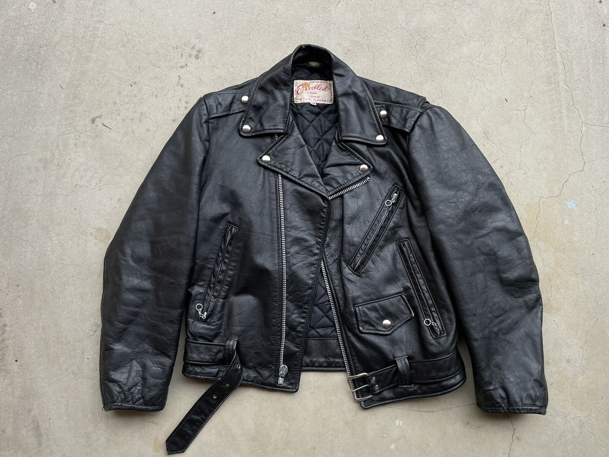 VINTAGE 1960's EXCELLED Black Leather Motorcycle Jacket 38 Zipper