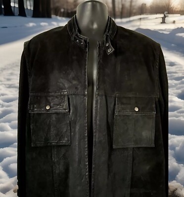 ADOLFO SUEDE LEATHER FRONT KNIT ZIP UP MOTO STYLE JACKET BLACK