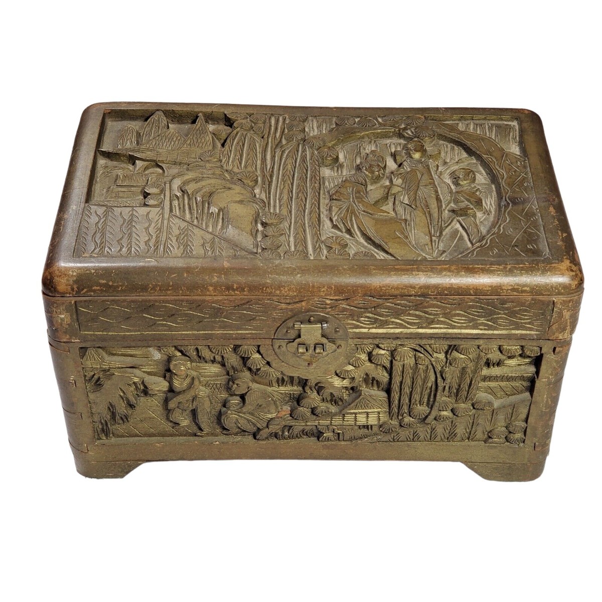 VTG 1920s/1930s George Zee Co Carved Wood Trunk Chest Box Oriental