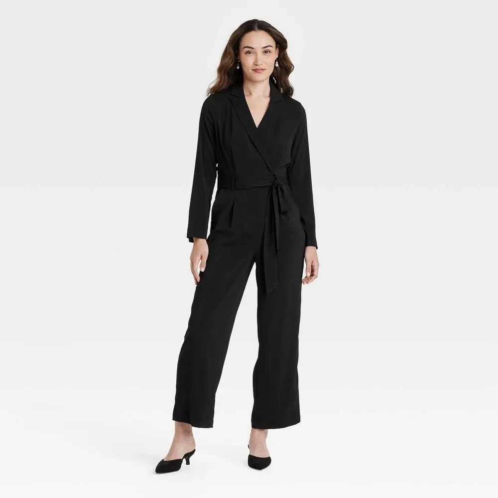 A New Day Women's Long Sleeve Wrap Front Jumpsuit Black Size XS | eBay