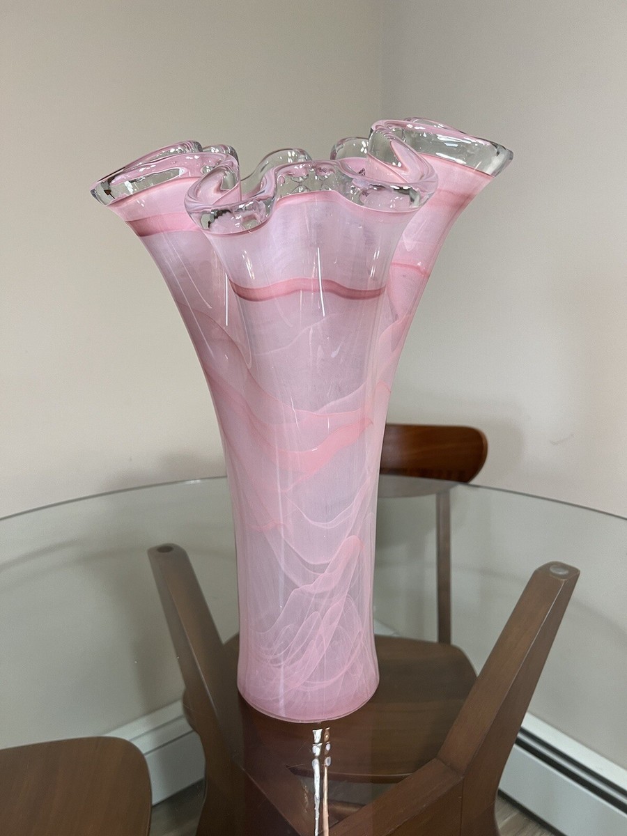 MURANO GLASS ムラノ 金彩 双耳 ホワイト レース ピンク 花器 MURANO