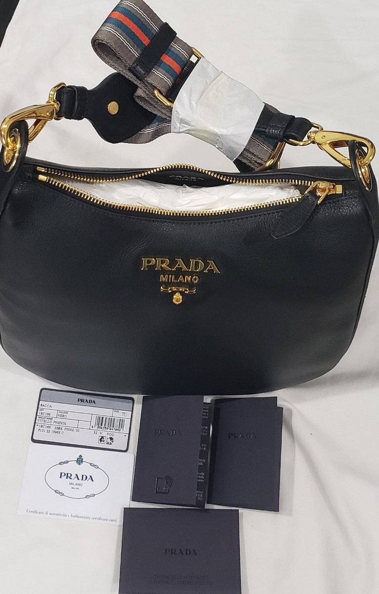 $3100~ New Prada 1BC166 Black Vitello Phenix Leather Web Stripe