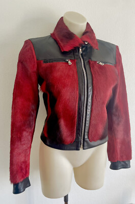 DOLCE & GABBANA Jacket Biker Motorcycle Leather Red Goat Fur IT40