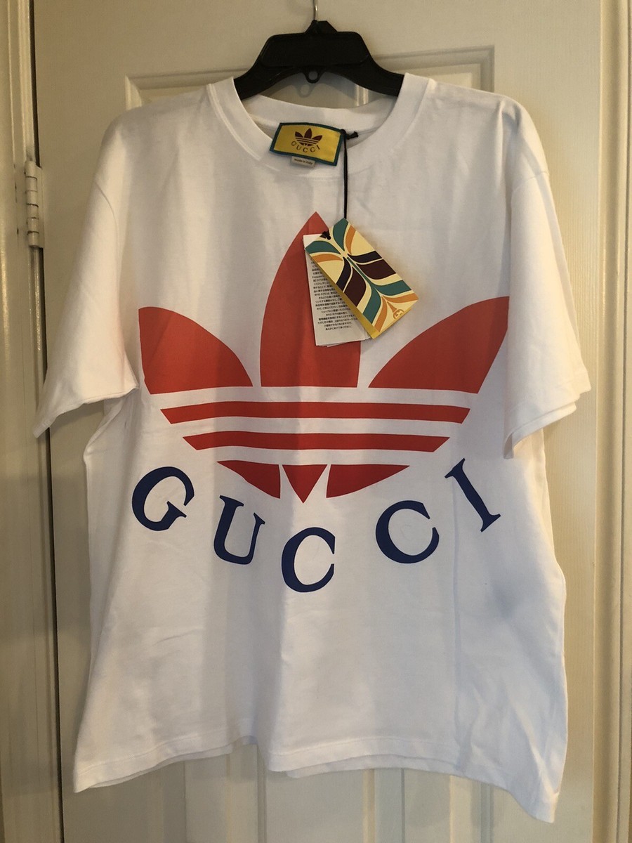 GUCCI x Adidas White Red Blue Logo T-Shirt Men' Size Small Cotton