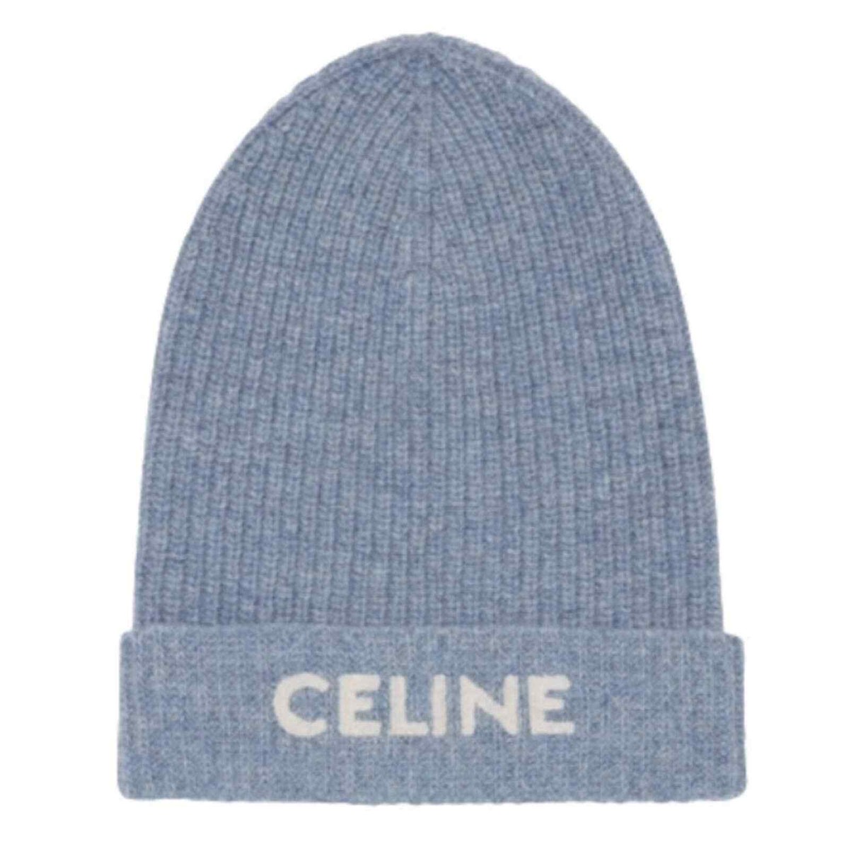 Celine Paris Cloudy Blue White Logo Laine Wool Knit Beanie Winter
