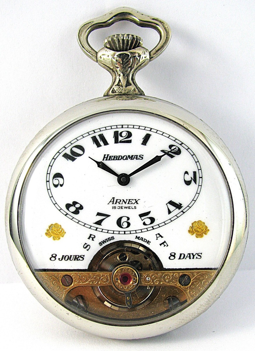 Vintage Arnex Hebdomas Fancy Nickel Case 8 Day Pocket Watch 15J