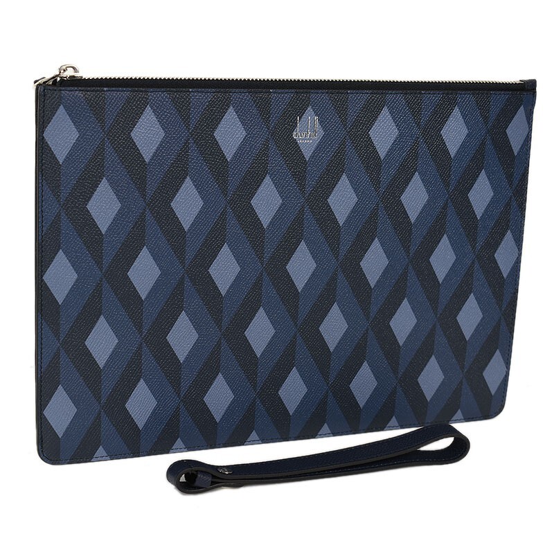 DUNHILL Blue Navy Cadogan Engine Turn Leather Zip Folio Clutch Bag