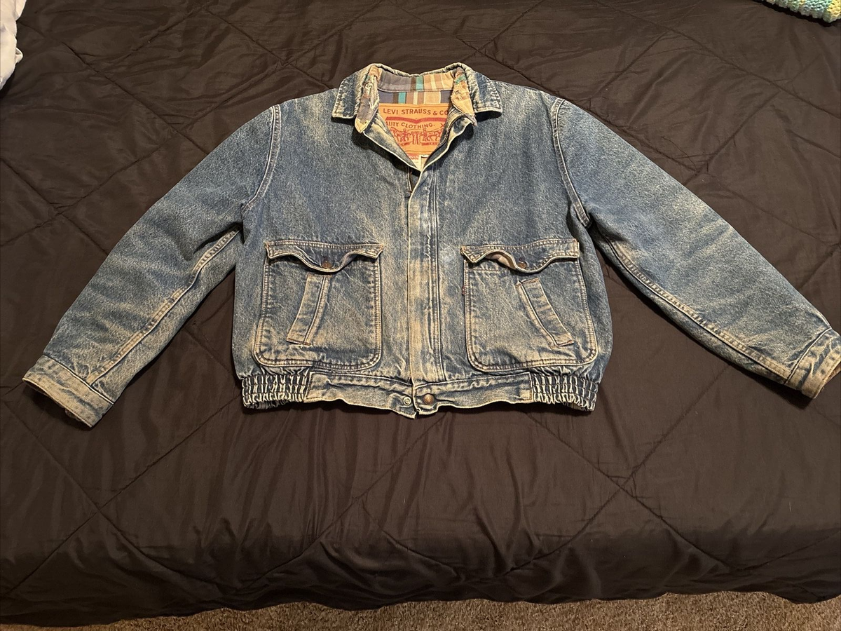 Vintage Late 90s USA Levis Blue Denim Bomber Jacket Size Large
