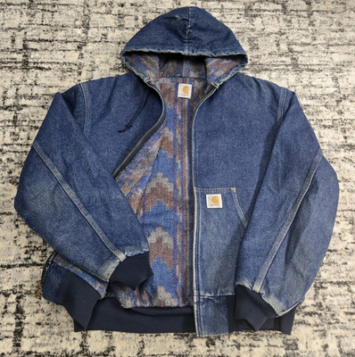 Vtg 90s Carhartt JB848 Denim Hooded Jacket Southwest Aztec Blanket