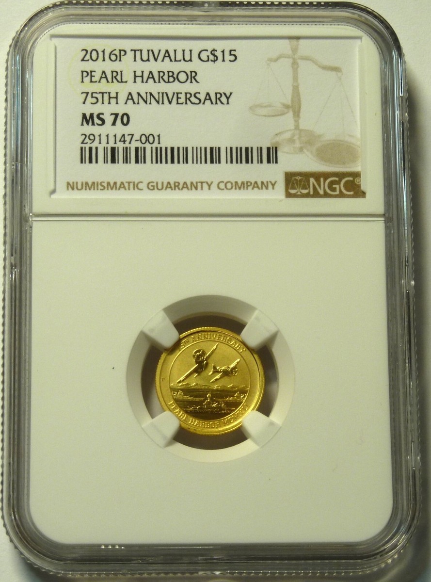 2016 P Tuvalu Gold 1/10oz $15 Pearl Harbor 75th Anniversary NGC