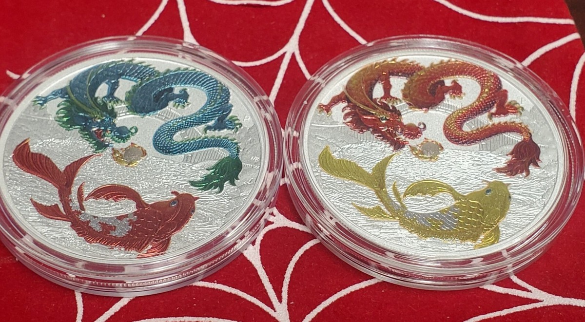 2023 Australia 🐲1 oz RED & Green DRAGON & KOI 🐟Silver Coins Must
