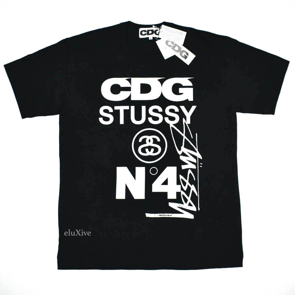 NWT Comme des Garcons CDG Stussy No. 4 Logo Black T-Shirt Mens XL