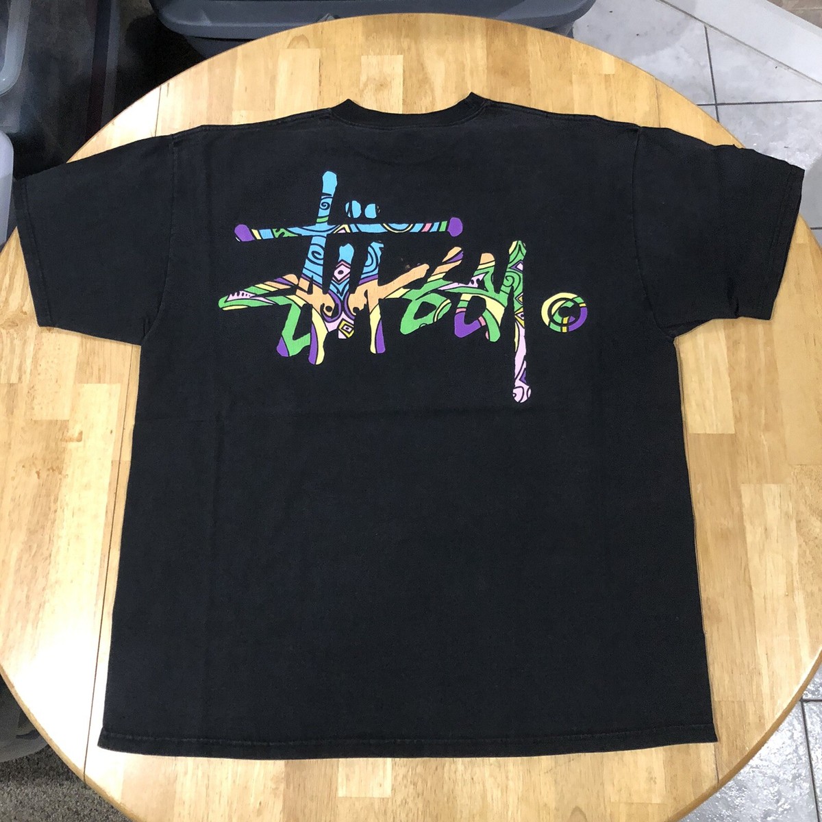 VINTAGE STUSSY SPELLOUT ABSTRACT BLACK MULTICOLOR 90's T SHIRT XL