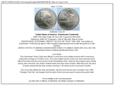 1990 P UNITED STATES USA General President EISENHOWER BU Silver $1