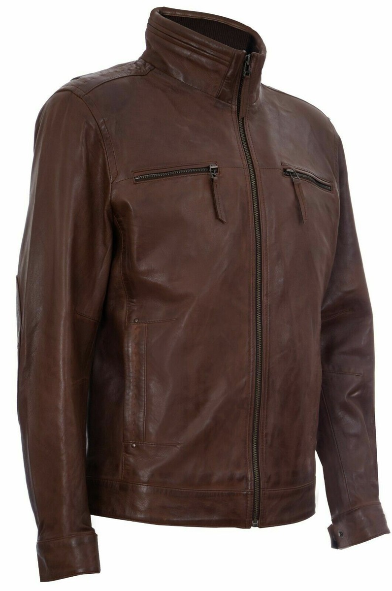 Men's Vintage Brown Retro Casual Zipped 100% Leather Racing Biker