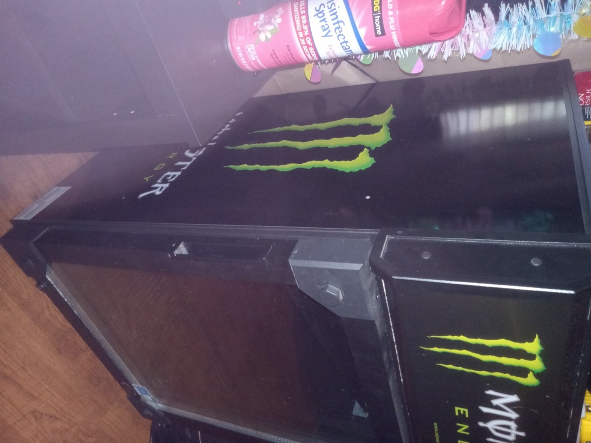 monster energy fridge black with monster logo on the front. Switch
