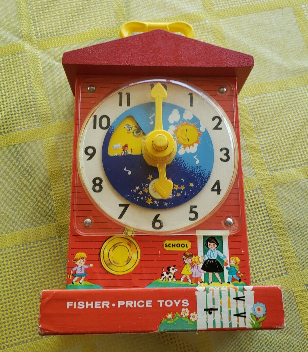 Vintage Fisher Price 998 Music Box Teaching Clock Red Wood Works