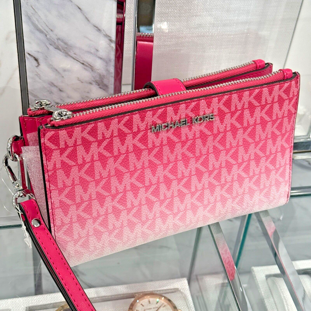 Michael Kors Jet Set Travel Double Zip Wristlet Wallet MK Logo