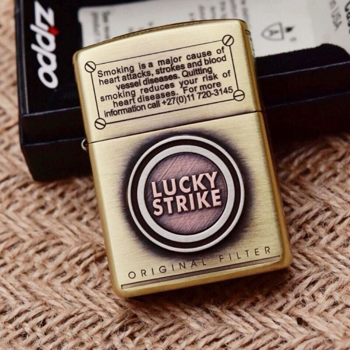 Zippo Lucky Strike Antique Gold 3 Sided Design Etching Lighter