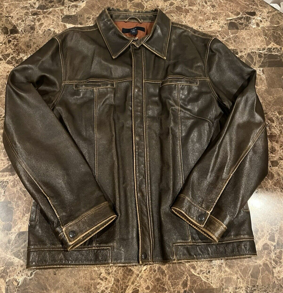 Vintage GAP Leather Jacket Mens (XL) Brown Distressed Y2K Biker