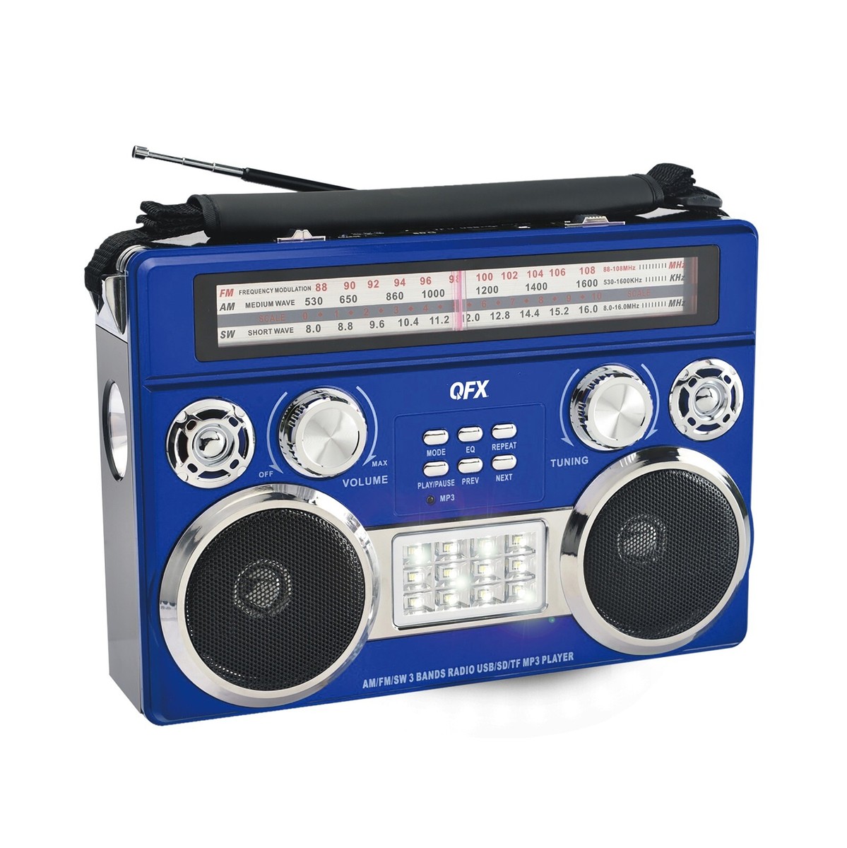 QFX Blue Portable Retro AM/FM/SW 3-Band Radio With Flashlight