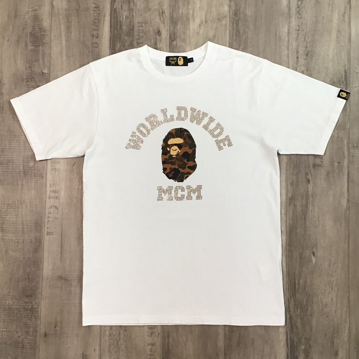 BAPE × MCM Rhinestone College Logo T-shirt White A Bathing Ape