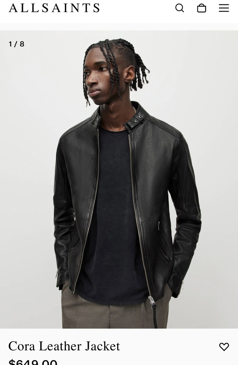 Allsaints Men's Cora Full Zip Leather Moto Jacket Solid Black Size