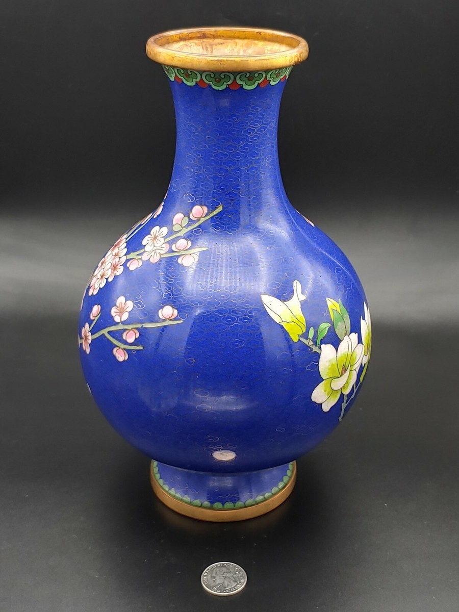 金富士】牡丹図七宝/景泰藍花瓶 38cm 箱付 中国古玩