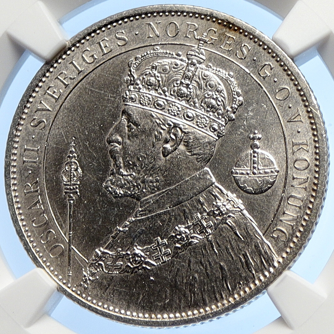 1874年 スウェーデン オスカル2 10クローネ金貨 NGC MS65 金上昇
