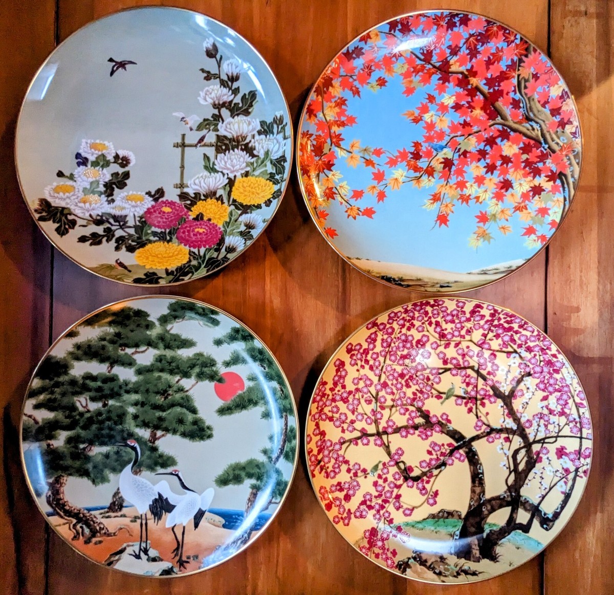 4 Franklin Mint Plates Series 12 Months of Flowers & Birds in the