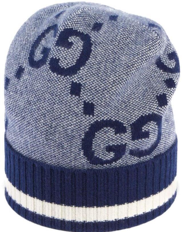 NEW GUCCI JUMBO GG BLUE WHITE 100% CASHMERE BEANIE HAT MEDIUM