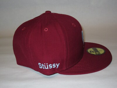 Stussy Peace Hat Cap Burgundy Red Light Blue New Era 59Fifty 7 1/4