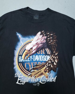 Vtg 80s Harley Davidson 3D EMBLEM Eagle Has Landed Motorcycle T