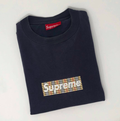 1997 Supreme Burberry Box Logo Tee Size = Large, Color = Navy Blue