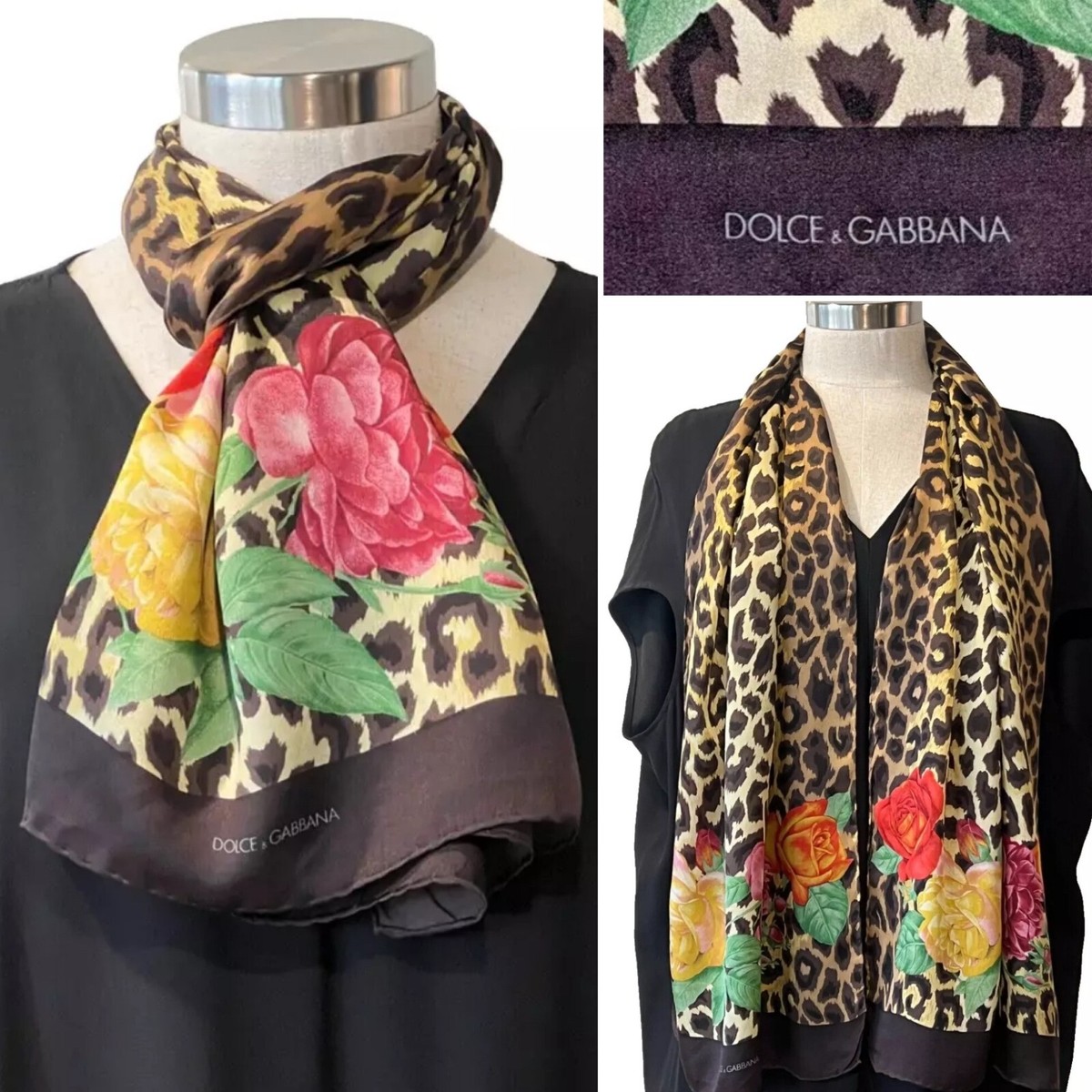 DOLCE GABBANA Chocolate Silk Satin Animal+ Floral Handroll Hems