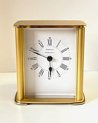 Tiffany & Co Brushed Gold Tone Porfolio Desktop Clock -Working