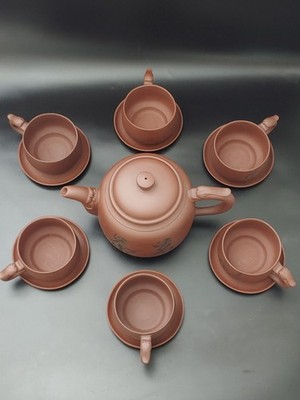 宜兴紫砂老厂陈美芳陈梅芳合作螭龙壶茶杯Group Chinese Yixing Purple