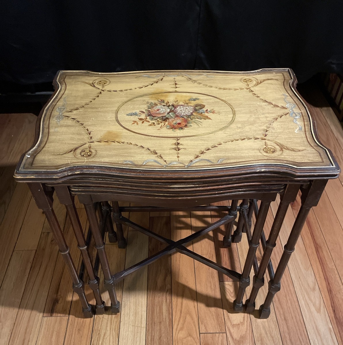 1920's Antique Nesting Tables Set Of 3 Pastel Mahogany Hand