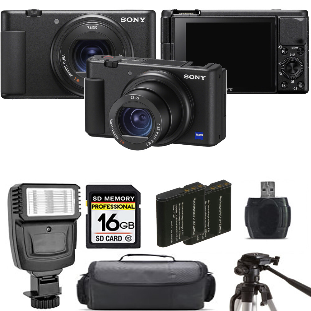 Sony ZV-1 Digital Camera (Black) + Extra Battery + Flash - 16GB