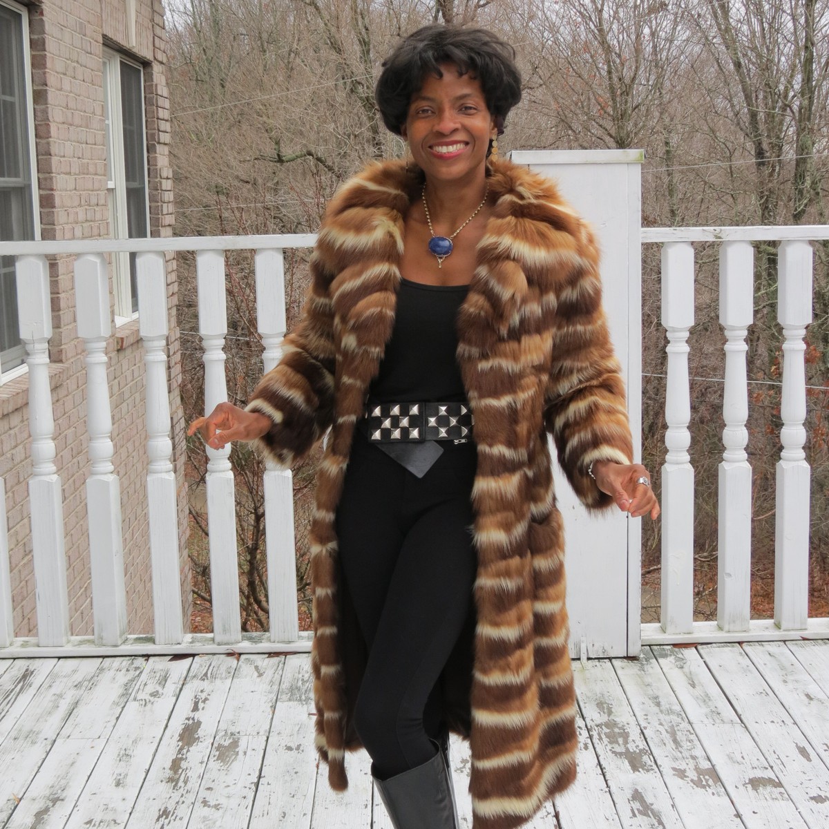 Designer Full length white & brown skunk, American Sable Fur Coat