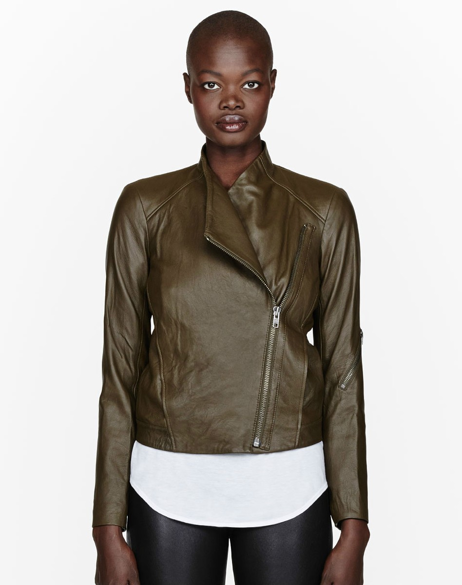 HELMUT LANG Leather Moto Biker Jacket in Olive Green Medium M