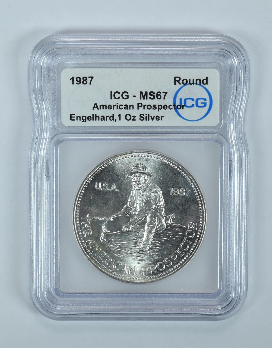 1987 Engelhard American Prospector 1 Troy Oz Silver Round MS67 ICG