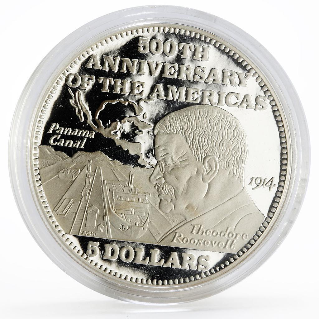 Bahamas 5 dollars 500 Years of America series Panama Canal silver