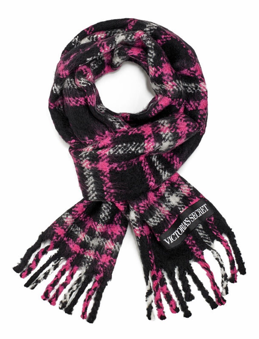 VICTORIA'S SECRET FUCHSIA PINK BLACK PLAID PLUSH SCARF WRAP