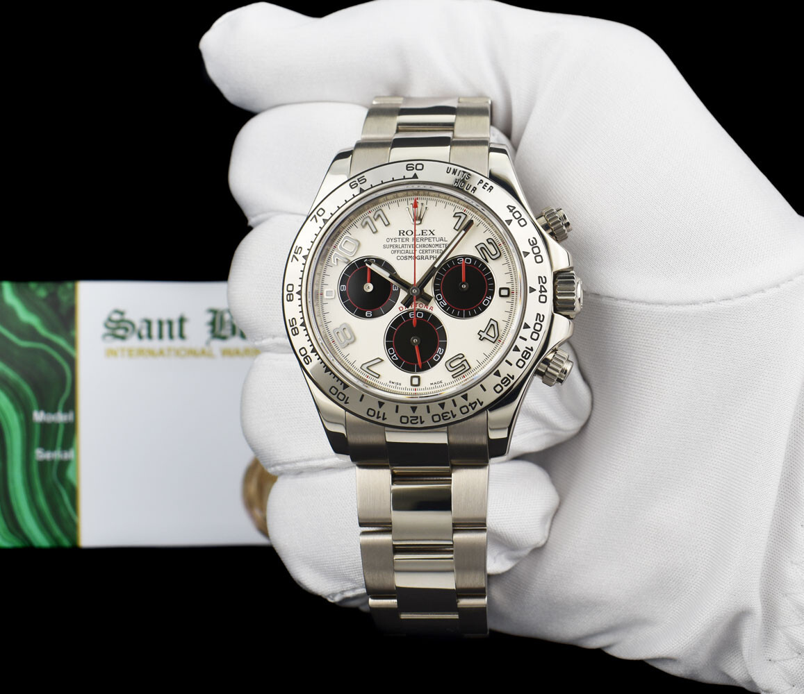 ROLEX White Gold DAYTONA Panda Dial Red Hands Box & Books 116509