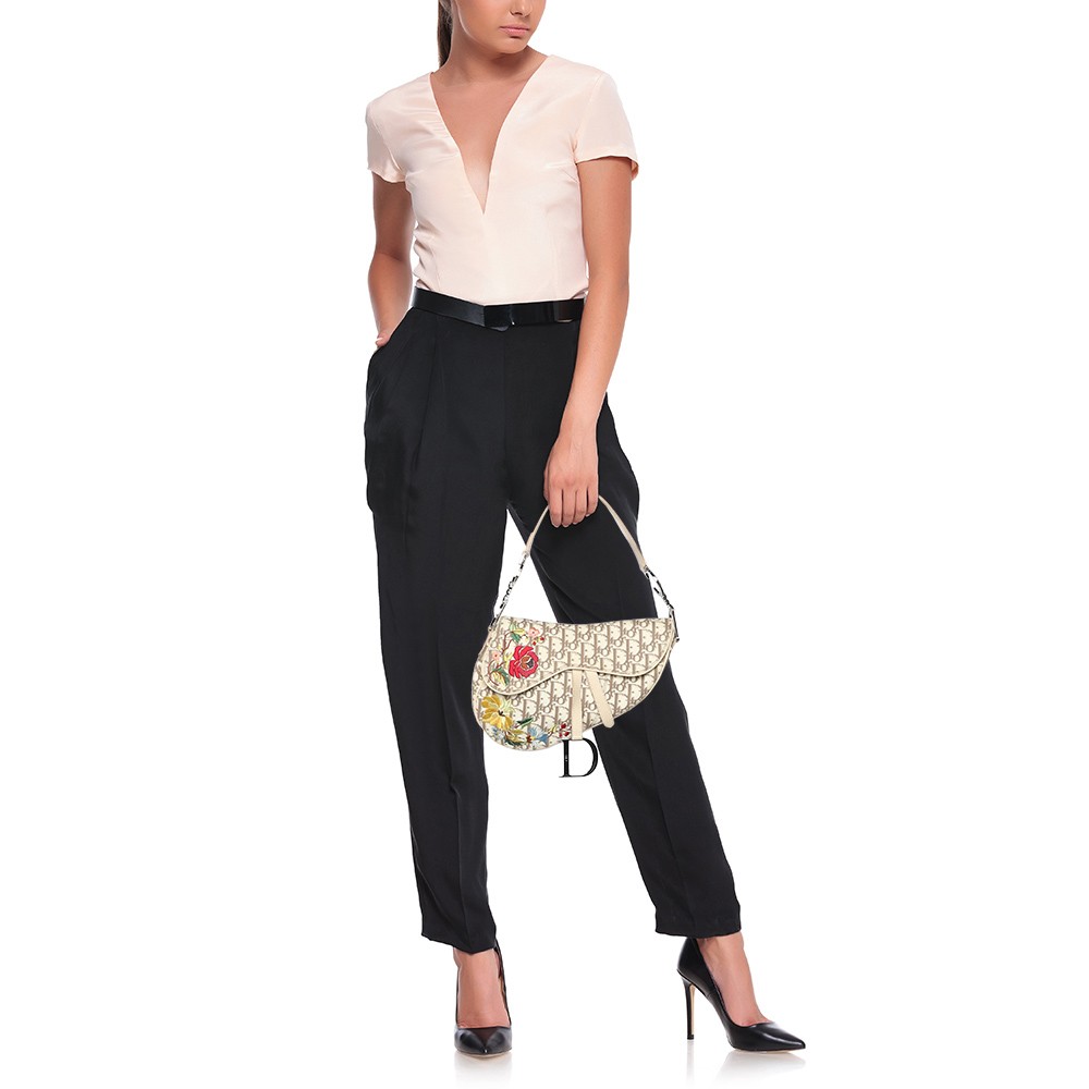 Dior Beige/White Oblique Canvas and Leather Floral Embroidered