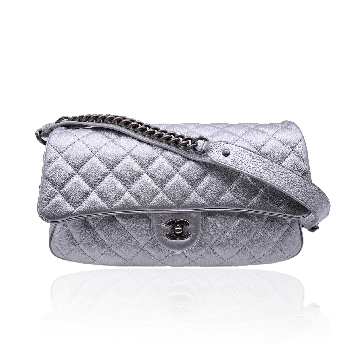Authentic Chanel 2016 Silver Quilted Leather Airline Easy Flap